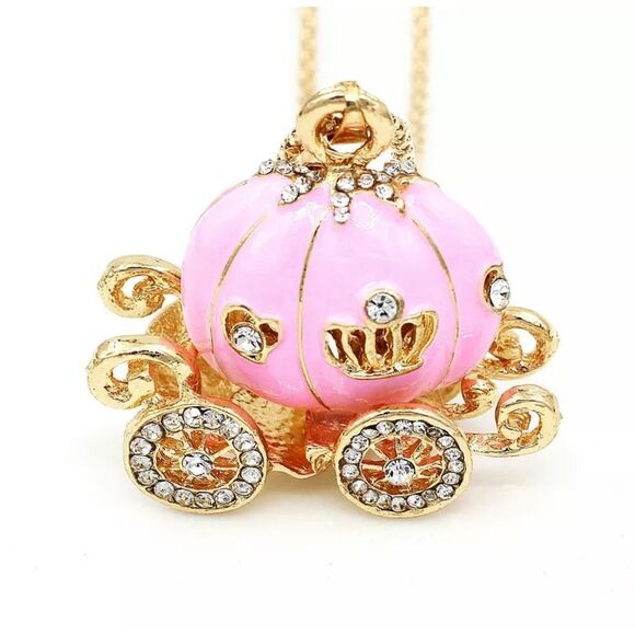 Enamel Crystal Cinderella Pumpkin Carriage Pendant Chain Necklace - Picture 2 of 3